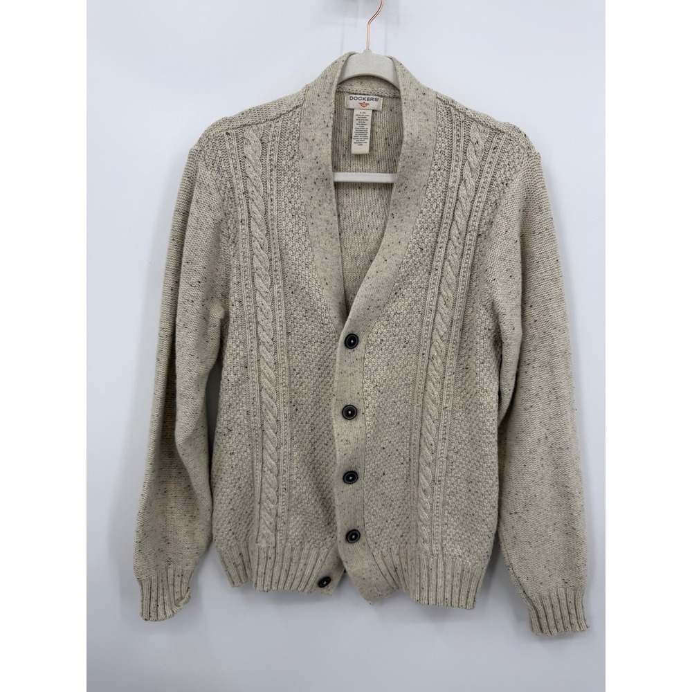 Dockers Shawl Collar Cardigan Mens Large Oatmeal Cream Speckled Cable Knit